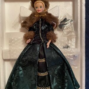 Barbie Holiday Ornament with fur, gold and Green Accents